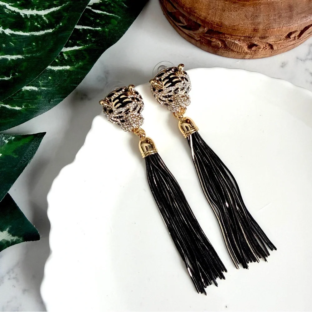 Gold Rhinestone Cheetah Leopard Earrings Long Tassel Fringe Sparkle Jewelry NEW